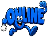 Always.online, the FreedDomains .online mascot: a blue cartoon .online domain extension with two big eyes and a wide smile, running with one fist pumped high