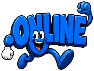 Always.online, the FreedDomains .online mascot: a blue cartoon .online domain extension with two big eyes and a wide smile, running with one fist pumped high
