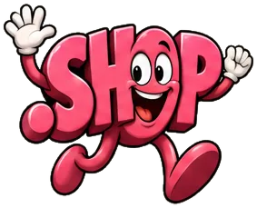 Bargain.shop, the FreedDomains .shop mascot: a pink cartoon .shop domain extension with two big eyes and a wide smile, waving with both hands