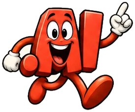 Brainy.ai, the FreedDomains .ai mascot: a orange-red cartoon .ai domain extension with two big eyes and a wide smile, running and pointing one finger to the sky