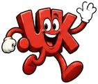 Cuppa.uk, the FreedDomains .uk mascot: a red cartoon .uk domain extension with two big eyes and a wide smile, running and waving