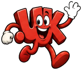 Cuppa.uk, the FreedDomains .uk mascot: a red cartoon .uk domain extension with two big eyes and a wide smile, running and waving