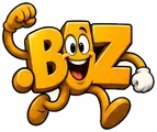 Deals.biz, the FreedDomains .biz mascot: a golden yellow cartoon .biz domain extension with two big eyes and a wide smile, running with a fist raised