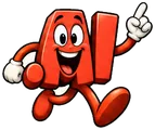 Cartoon .ai domain extension mascot: a orange-red .ai with two big eyes and a wide smile, running and pointing one finger to the sky