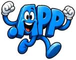 Cartoon .app domain extension mascot: a bright blue .app with two big eyes and a wide smile, running with both fists raised
