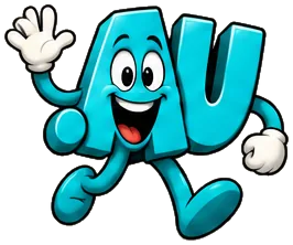 Cartoon .au domain extension mascot: a turquoise .au with two big eyes and a wide smile, waving hello