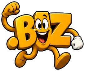Cartoon .biz domain extension mascot: a golden yellow .biz with two big eyes and a wide smile, running with a fist raised