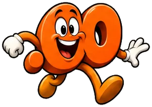 Cartoon .co domain extension mascot: a orange .co with two big eyes and a wide smile, running with both hands out wide