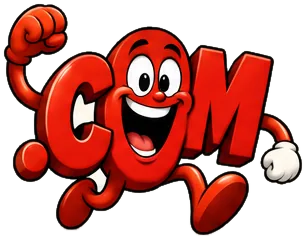 Cartoon .com domain extension mascot: a red .com with two big eyes and a wide smile, running with one fist punched high in the air