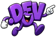 Cartoon .dev domain extension mascot: a purple .dev with two big eyes and a wide smile, running and pointing ahead