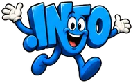Cartoon .info domain extension mascot: a blue .info with two big eyes and a wide smile, waving with both hands