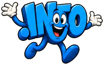 Cartoon .info domain extension mascot: a blue .info with two big eyes and a wide smile, waving with both hands