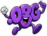 Cartoon .org domain extension mascot: a purple .org with two big eyes and a wide smile, running with both fists up, celebrating