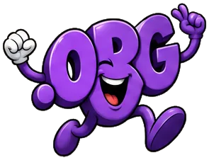 Cartoon .org domain extension mascot: a purple .org with two big eyes and a wide smile, running with both fists up, celebrating