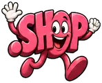 Cartoon .shop domain extension mascot: a pink .shop with two big eyes and a wide smile, waving with both hands
