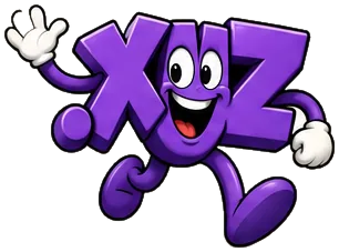 Cartoon .xyz domain extension mascot: a purple .xyz with two big eyes and a wide smile, waving while running