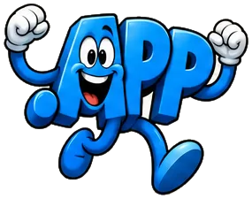 Launch.app, the FreedDomains .app mascot: a bright blue cartoon .app domain extension with two big eyes and a wide smile, running with both fists raised