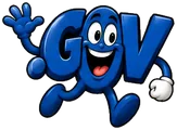 Official.gov, the FreedDomains .gov mascot: a dark blue cartoon .gov domain extension with two big eyes and a wide smile, waving hello while striding along