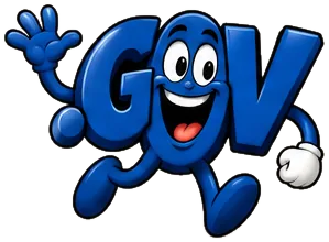Official.gov, the FreedDomains .gov mascot: a dark blue cartoon .gov domain extension with two big eyes and a wide smile, waving hello while striding along