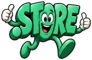 Shop.store, the FreedDomains .store mascot: a green cartoon .store domain extension with two big eyes and a wide smile, running with two thumbs up