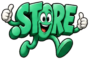 Shop.store, the FreedDomains .store mascot: a green cartoon .store domain extension with two big eyes and a wide smile, running with two thumbs up