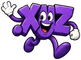 Whatever.xyz, the FreedDomains .xyz mascot: a purple cartoon .xyz domain extension with two big eyes and a wide smile, waving while running