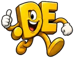 Wunderbar.de, the FreedDomains .de mascot: a yellow cartoon .de domain extension with two big eyes and a wide smile, running with a thumbs-up