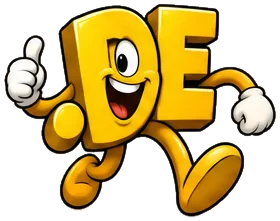 Wunderbar.de, the FreedDomains .de mascot: a yellow cartoon .de domain extension with two big eyes and a wide smile, running with a thumbs-up